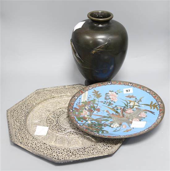 A Japanese bronze vase, a cloisonne dish and Indian dish largest length 40cm